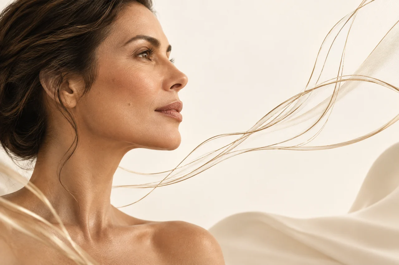 Arte conceitual de perfil feminino e fios delicados fora do rosto