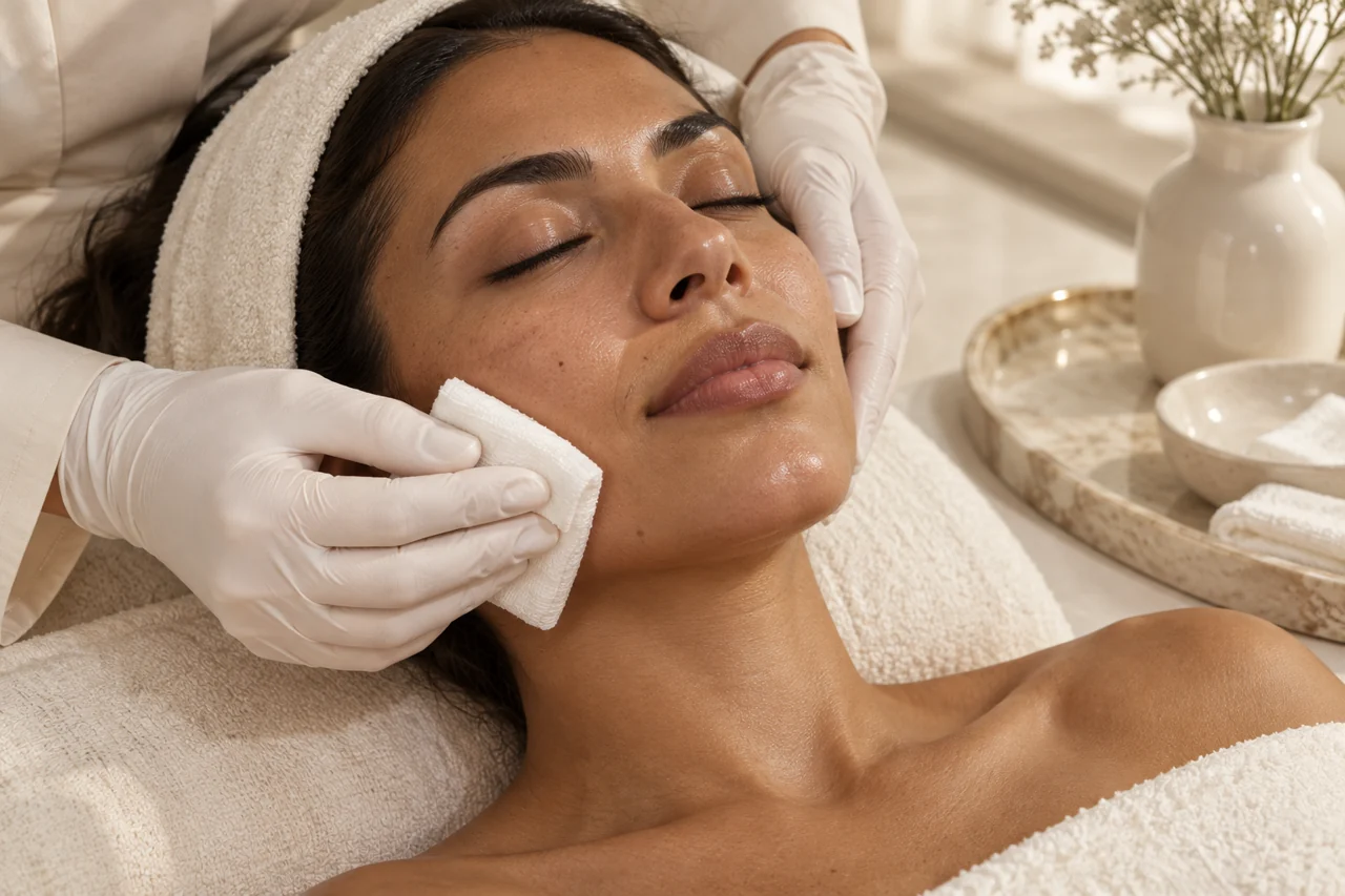 Imagem ilustrativa de cuidado facial com gaze e mãos enluvadas